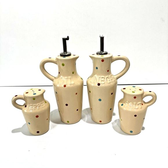 Temp-tations Temptations By Tara Polka Dot 5 pc Condiment Set Oil Vinegar Salt - Picture 10 of 15